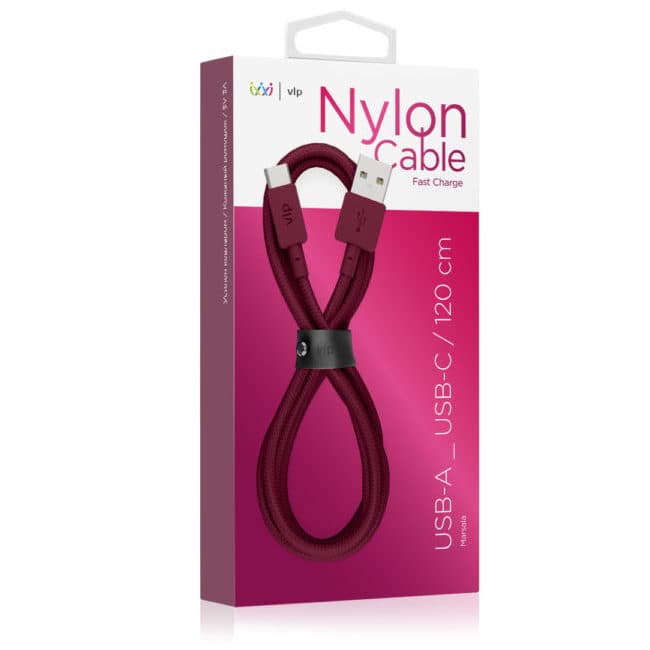 Кабель VLP Nylon Cable USB / USB-C, 3A, Вт  1,2м, марсала— фото №1